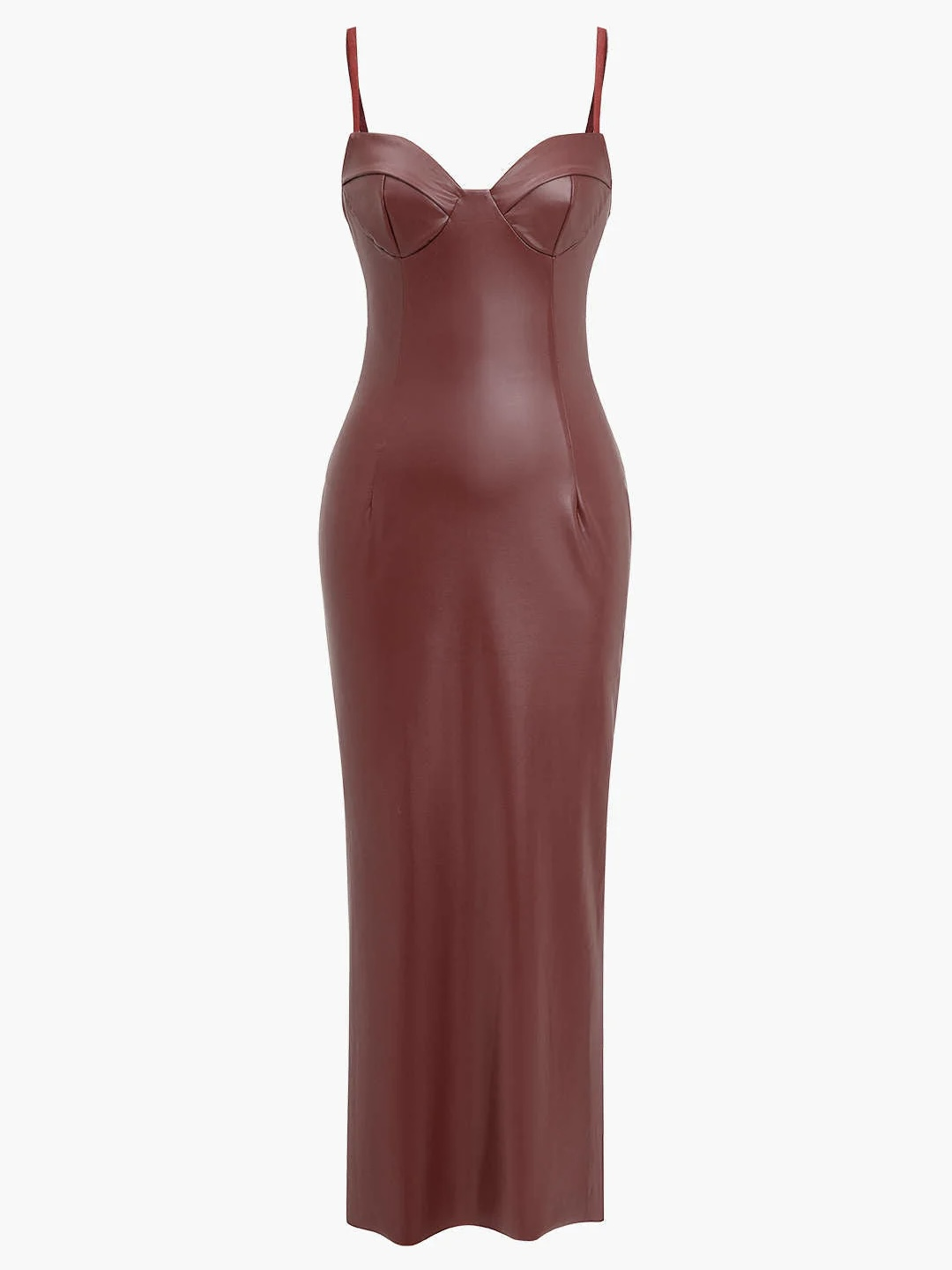 Bordo Suni Deri Uzun Elbise