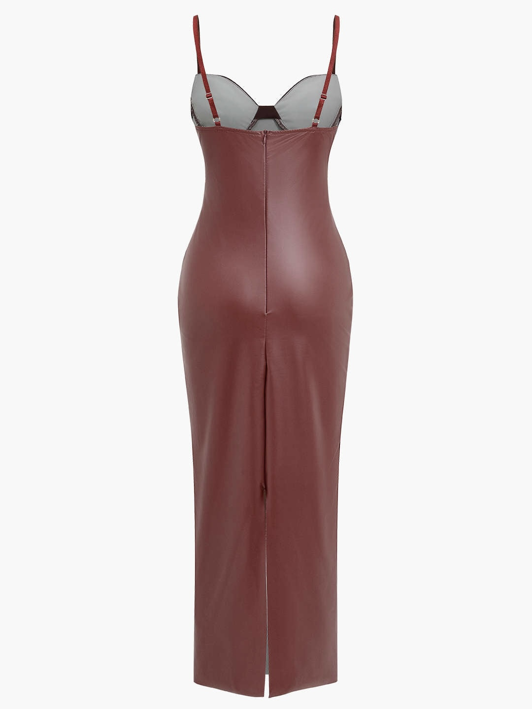 Bordo Suni Deri Uzun Elbise