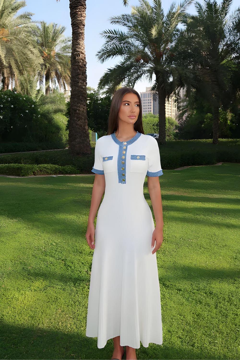 Denim Detaylı Triko Elbise