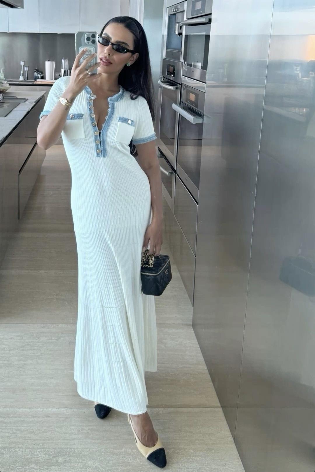 Denim Detaylı Triko Elbise