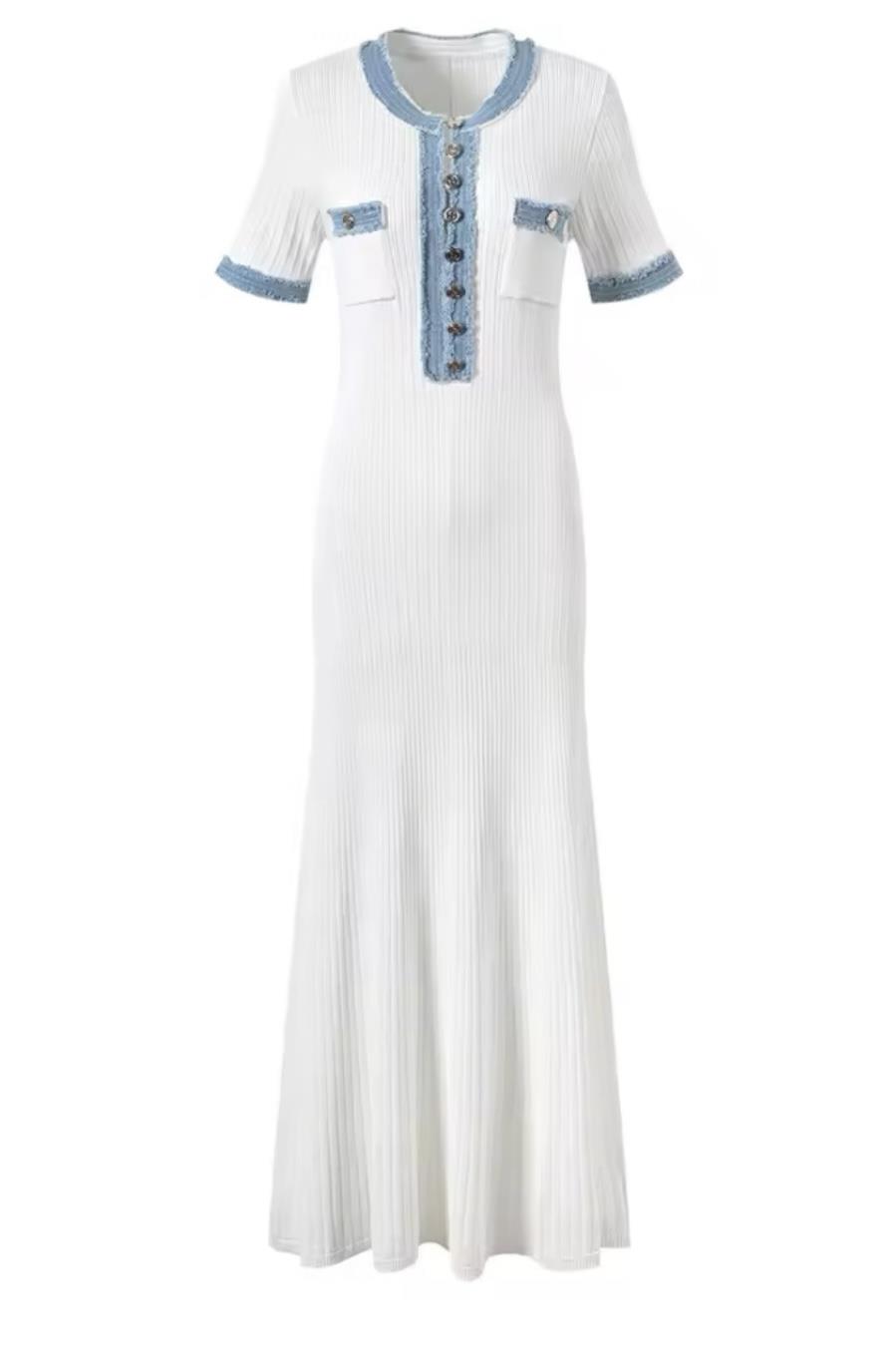 Denim Detaylı Triko Elbise