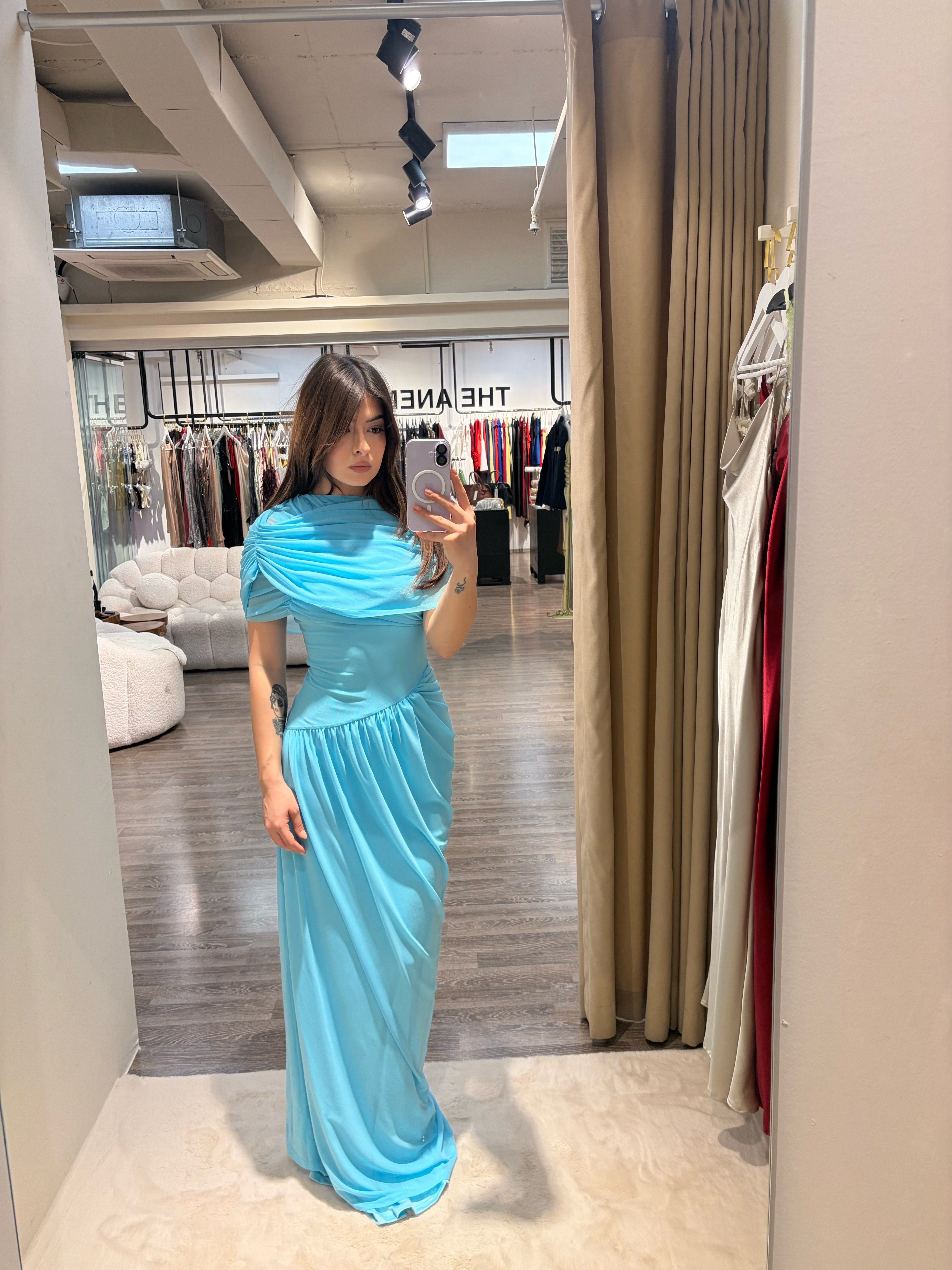 Drapeli Plise Formlu Asimetrik Tül  Elbise - Mavi 