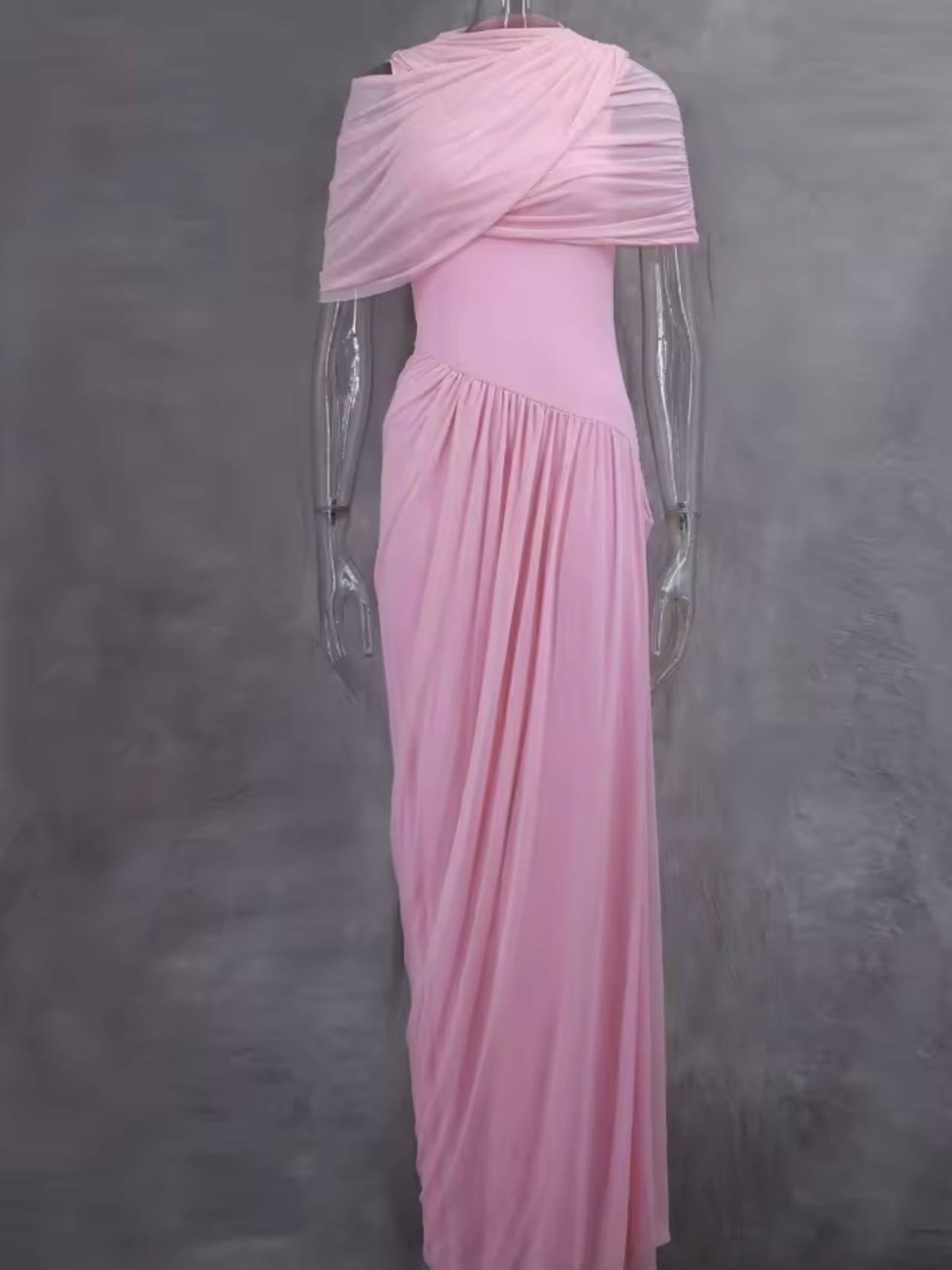 Drapeli Plise Formlu Asimetrik Tül  Elbise - Pembe