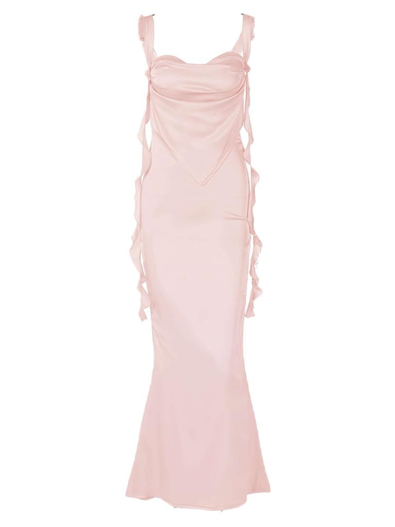 Drapeli Saten Asimetrik Kesim Pembe Elbise