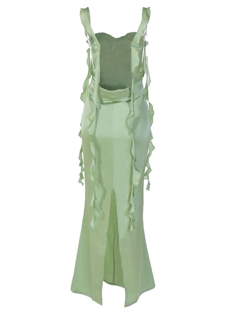 Drapeli Saten Asimetrik Kesim Yeşil Elbise