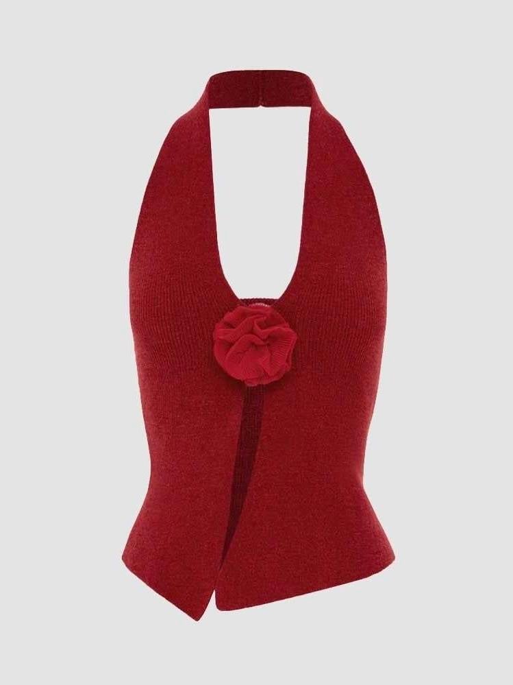 Gül Detaylı Kırmızı Örme Bluz