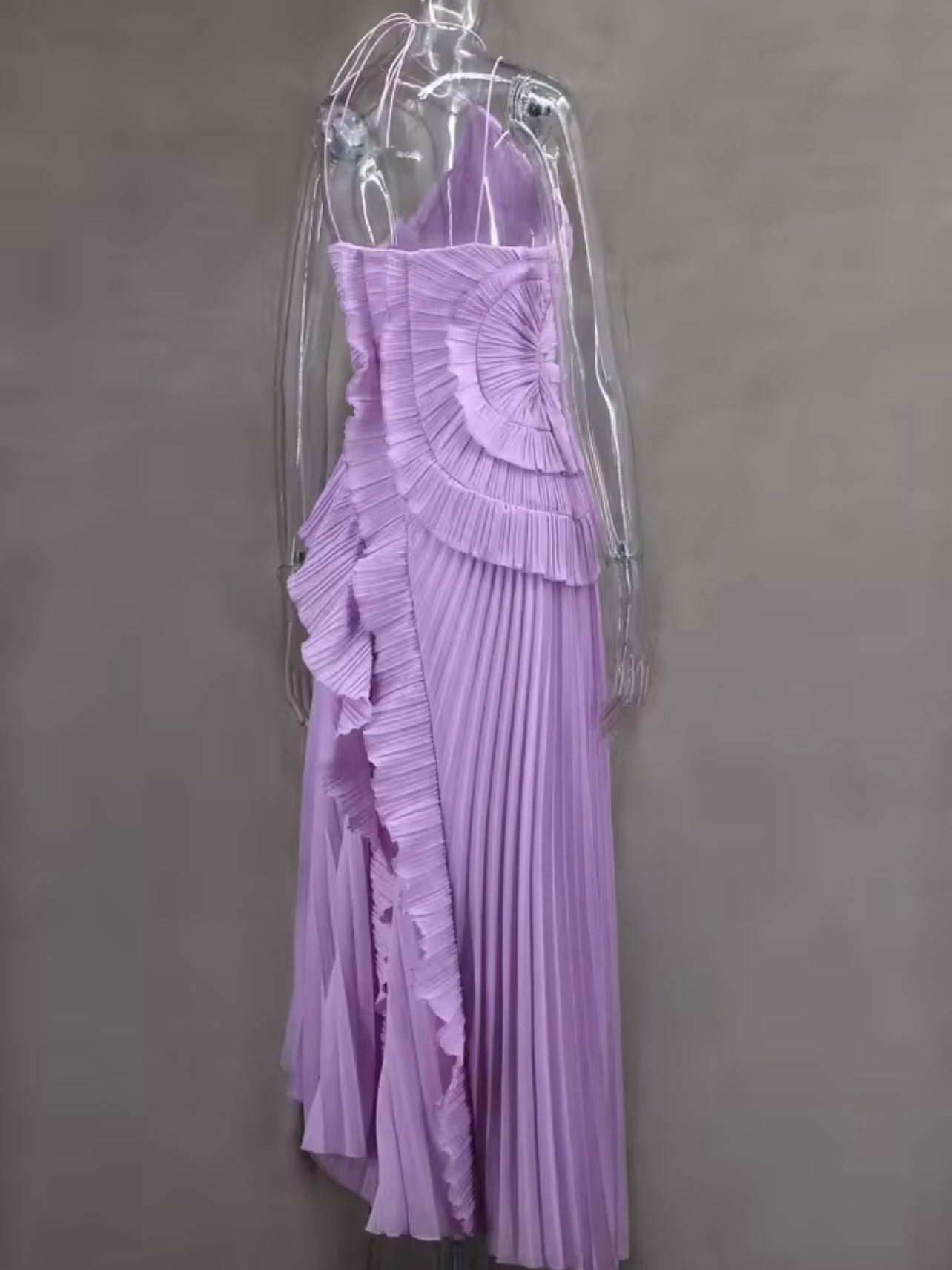 Halter Yaka Fırfır Detaylı Drapeli Midi Elbise - Mor