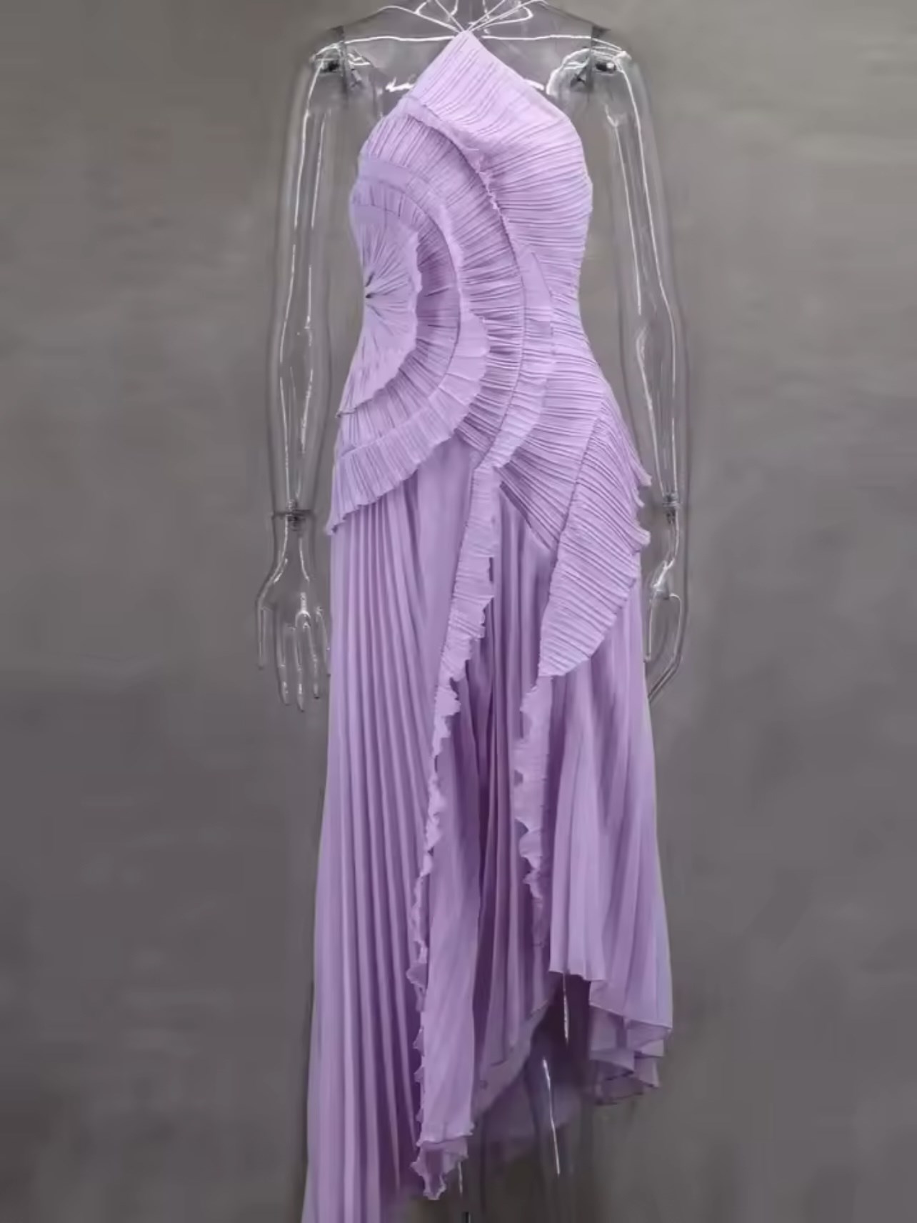 Halter Yaka Fırfır Detaylı Drapeli Midi Elbise - Mor