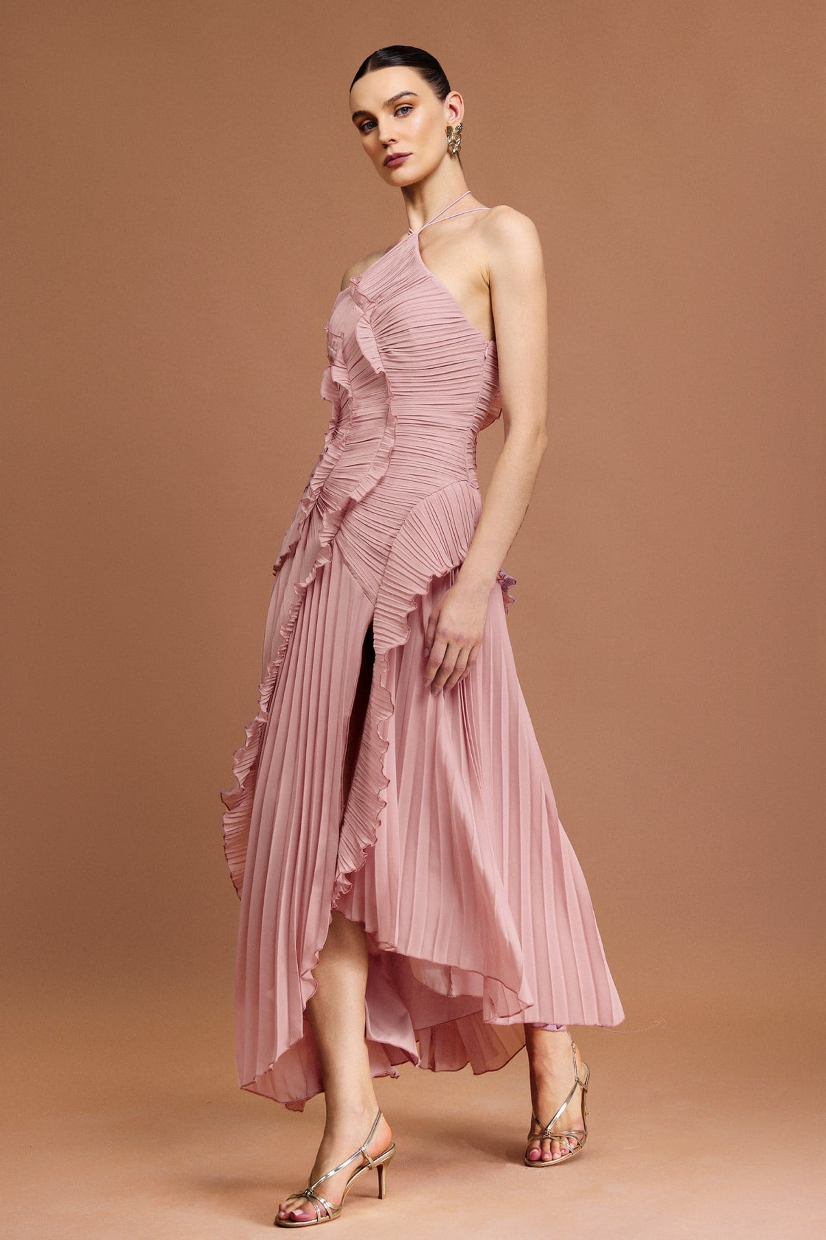 Halter Yaka Fırfır Detaylı Drapeli Midi Elbise - Pembe