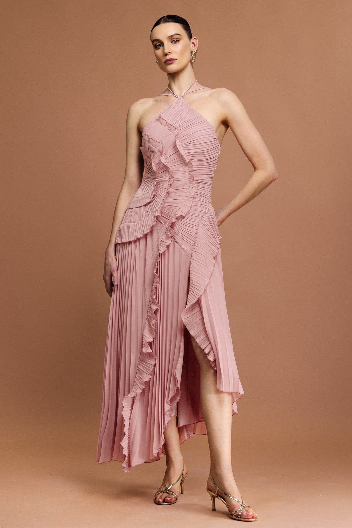 Halter Yaka Fırfır Detaylı Drapeli Midi Elbise - Pembe