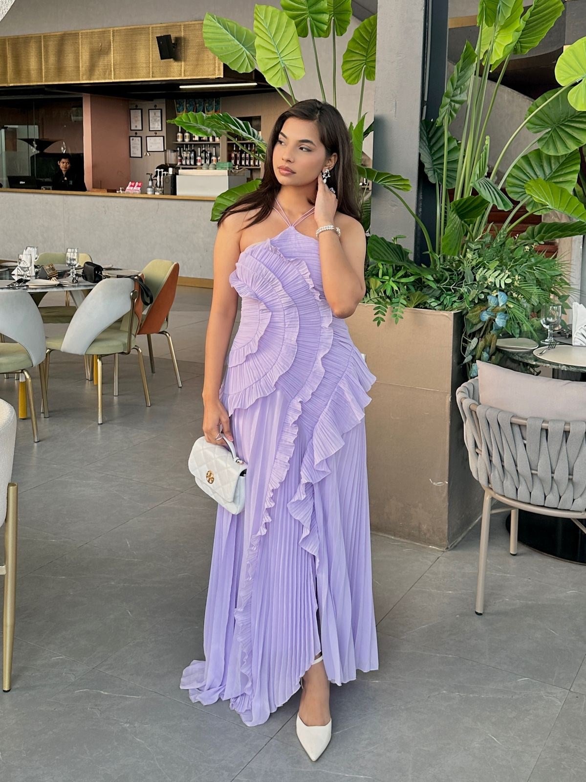 Halter Yaka Fırfır Detaylı Drapeli Midi Elbise - Mor