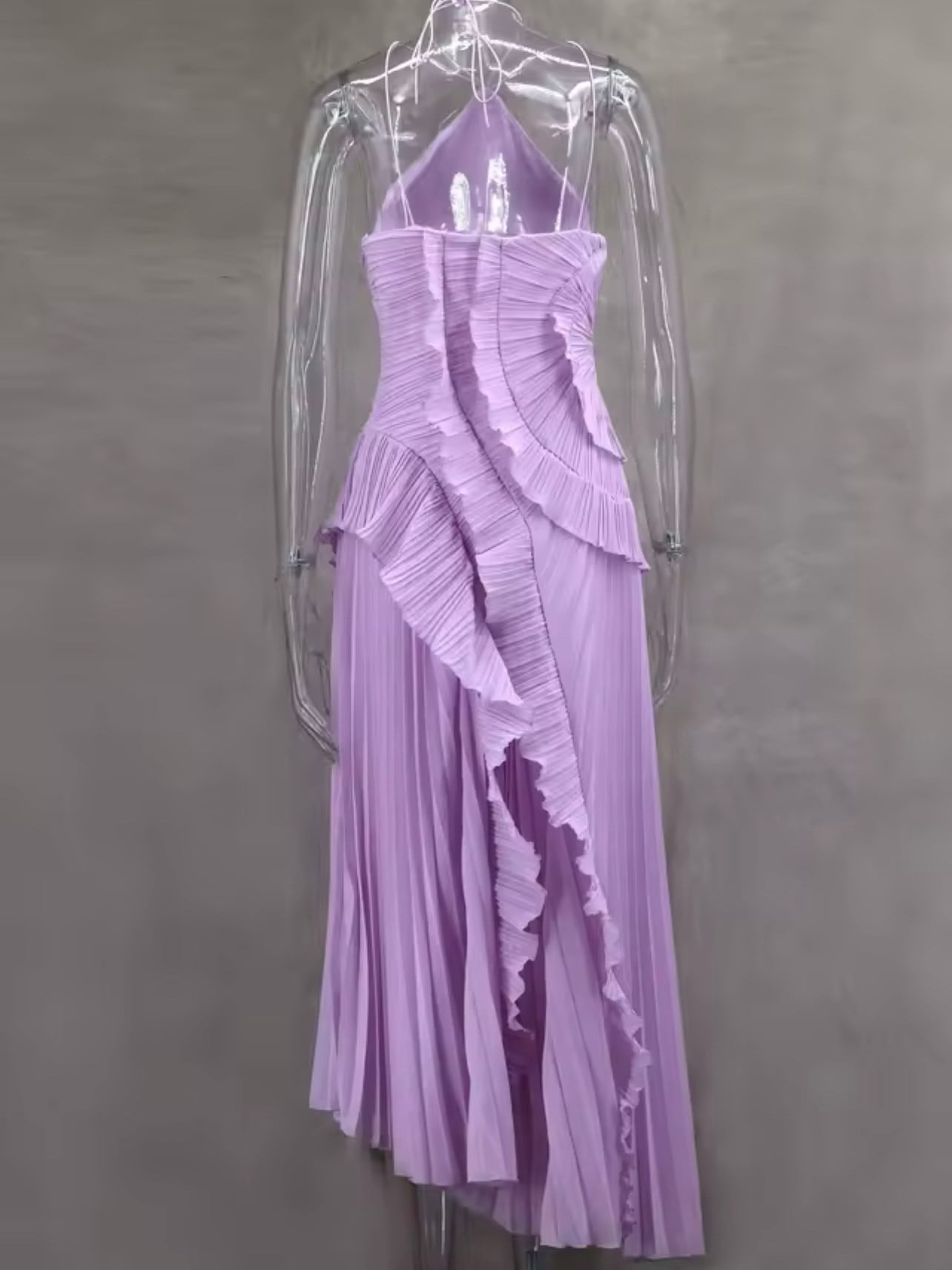 Halter Yaka Fırfır Detaylı Drapeli Midi Elbise - Mor