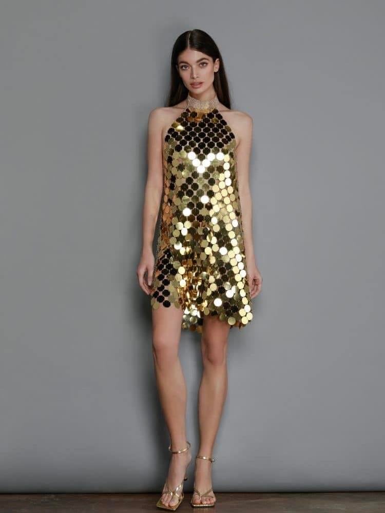 Halter Yaka Mini Payet Elbise - Gold