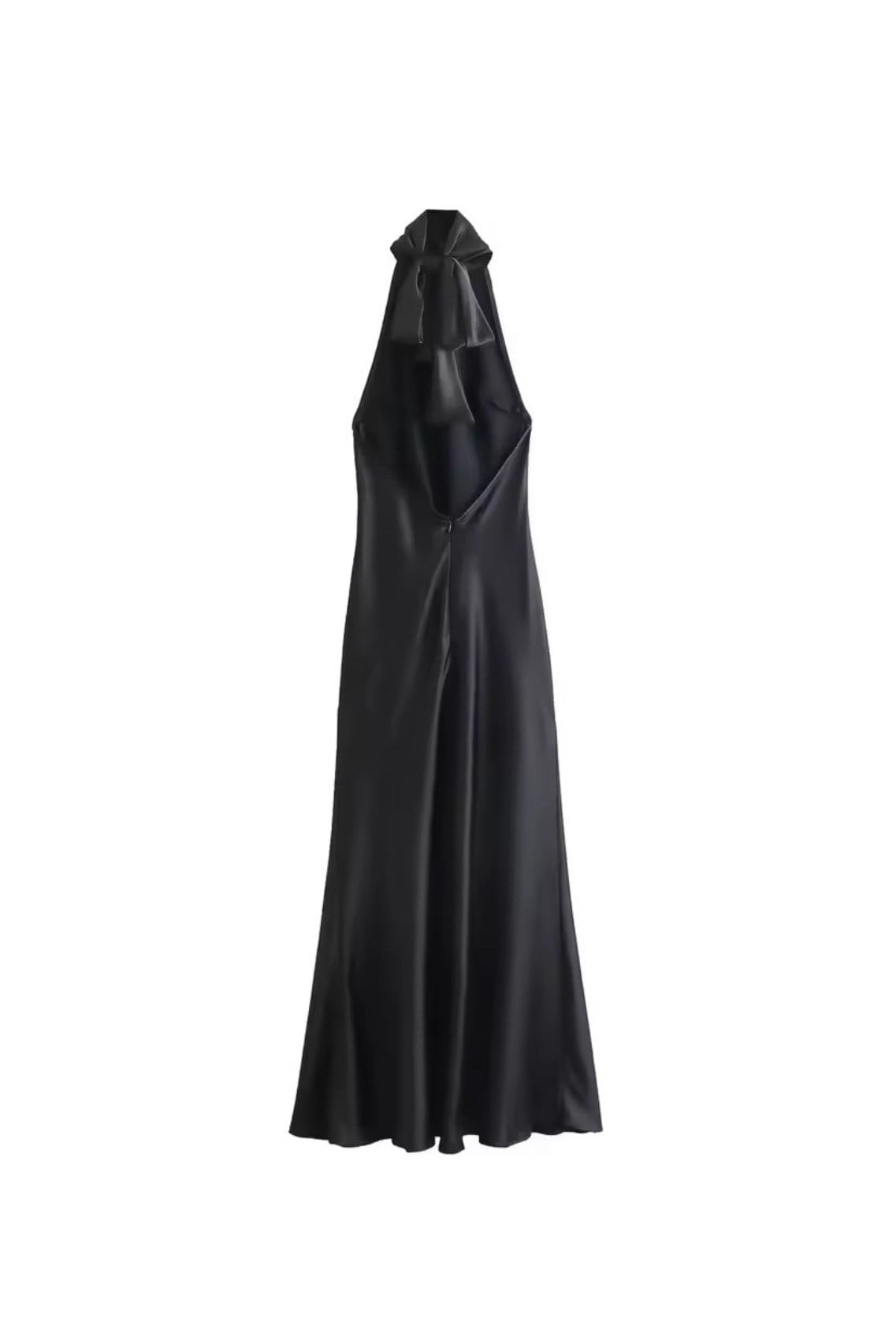 Halter Yaka Sırt Dekolteli Midi Saten Elbise - Siyah