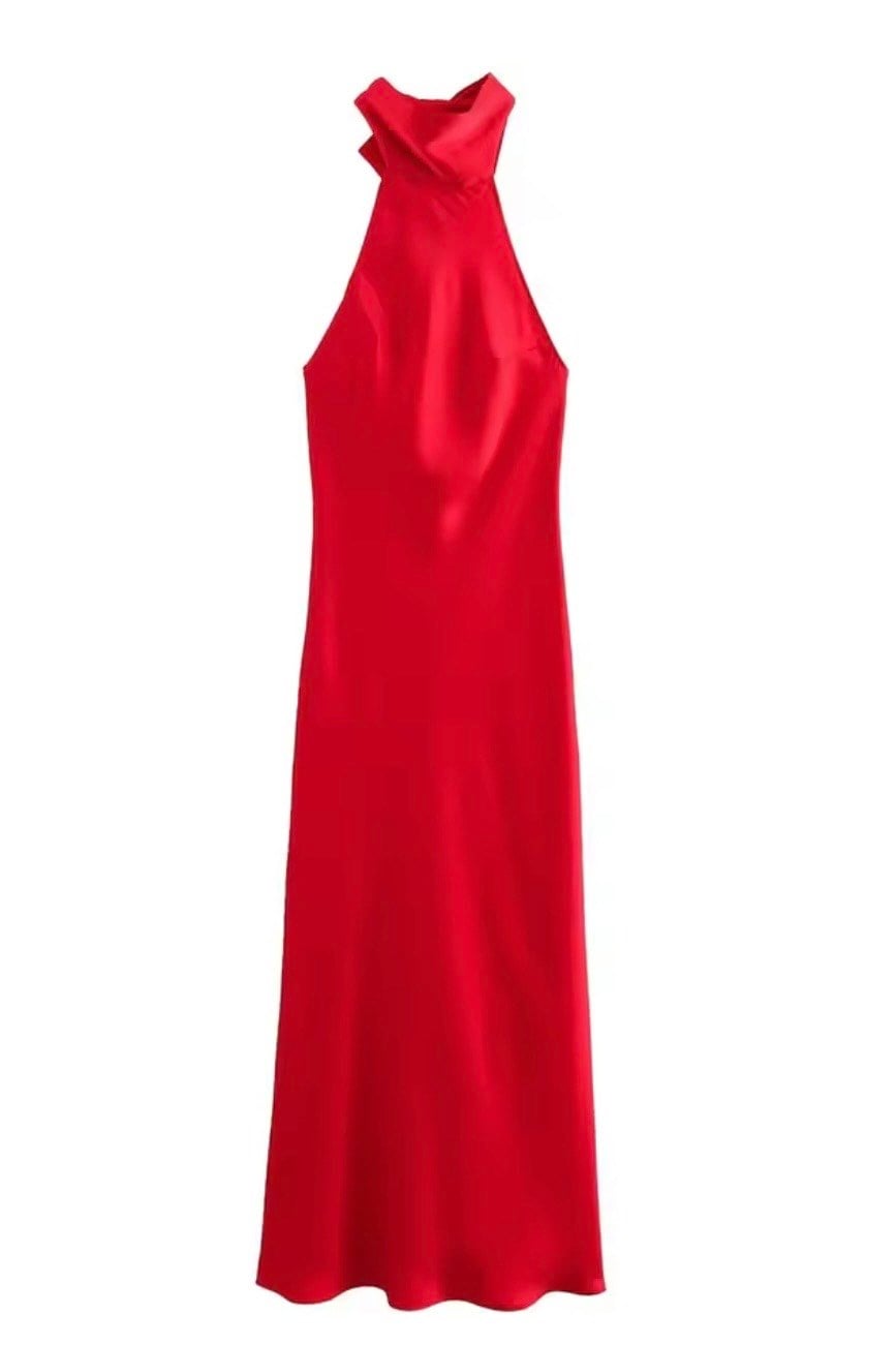Halter Yaka Sırt Dekolteli Midi Saten Elbise - Kırmızı