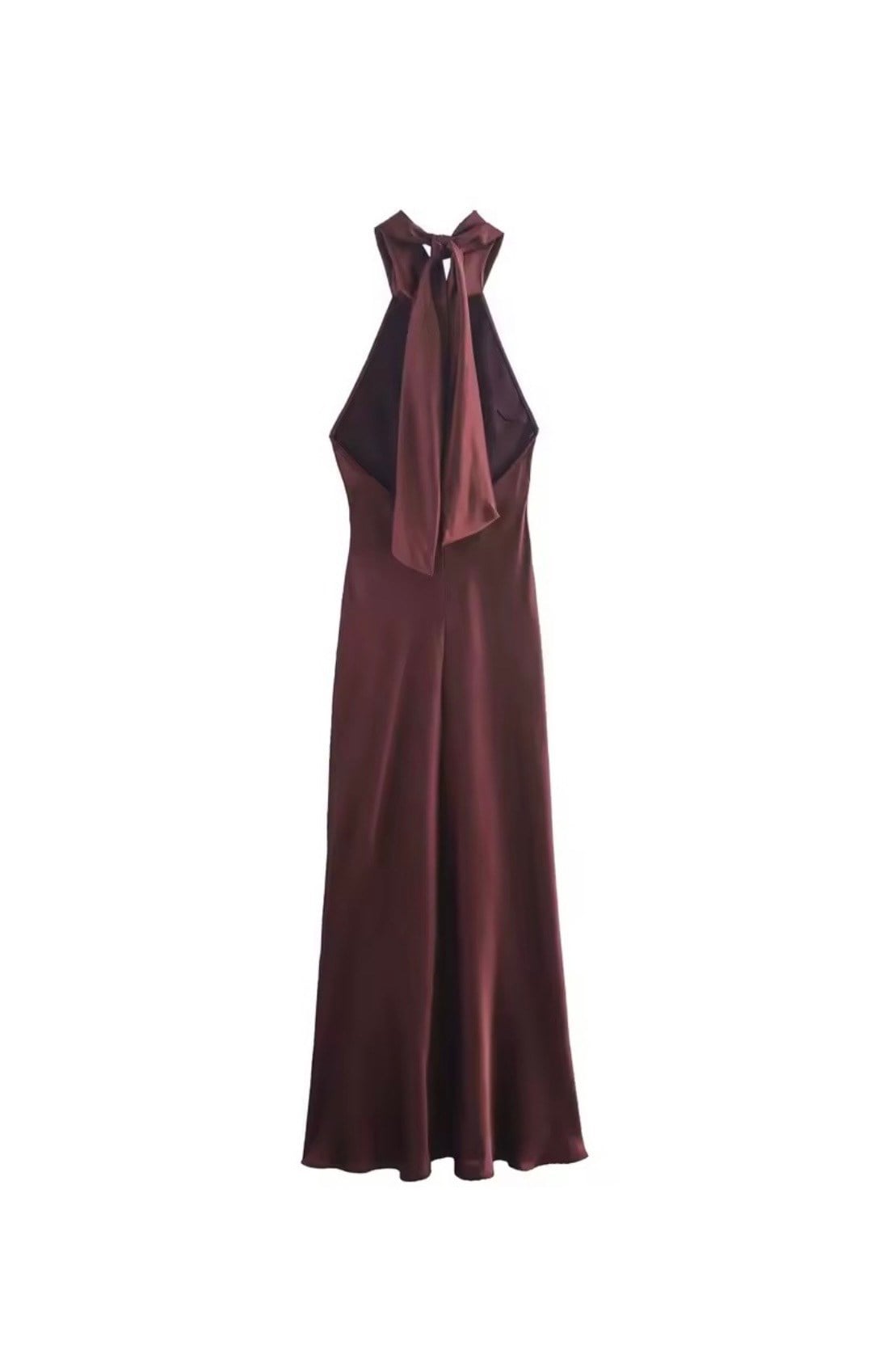 Halter Yaka Sırt Dekolteli Midi Saten Elbise - Bordo