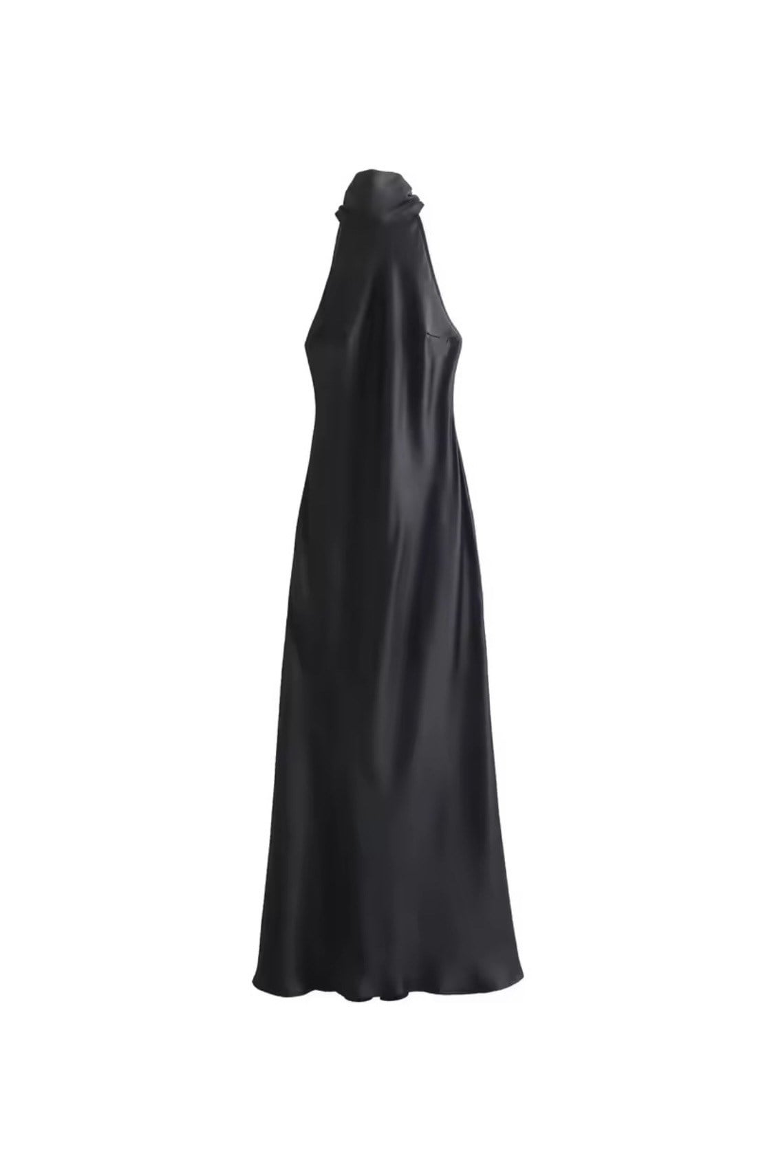 Halter Yaka Sırt Dekolteli Midi Saten Elbise - Siyah