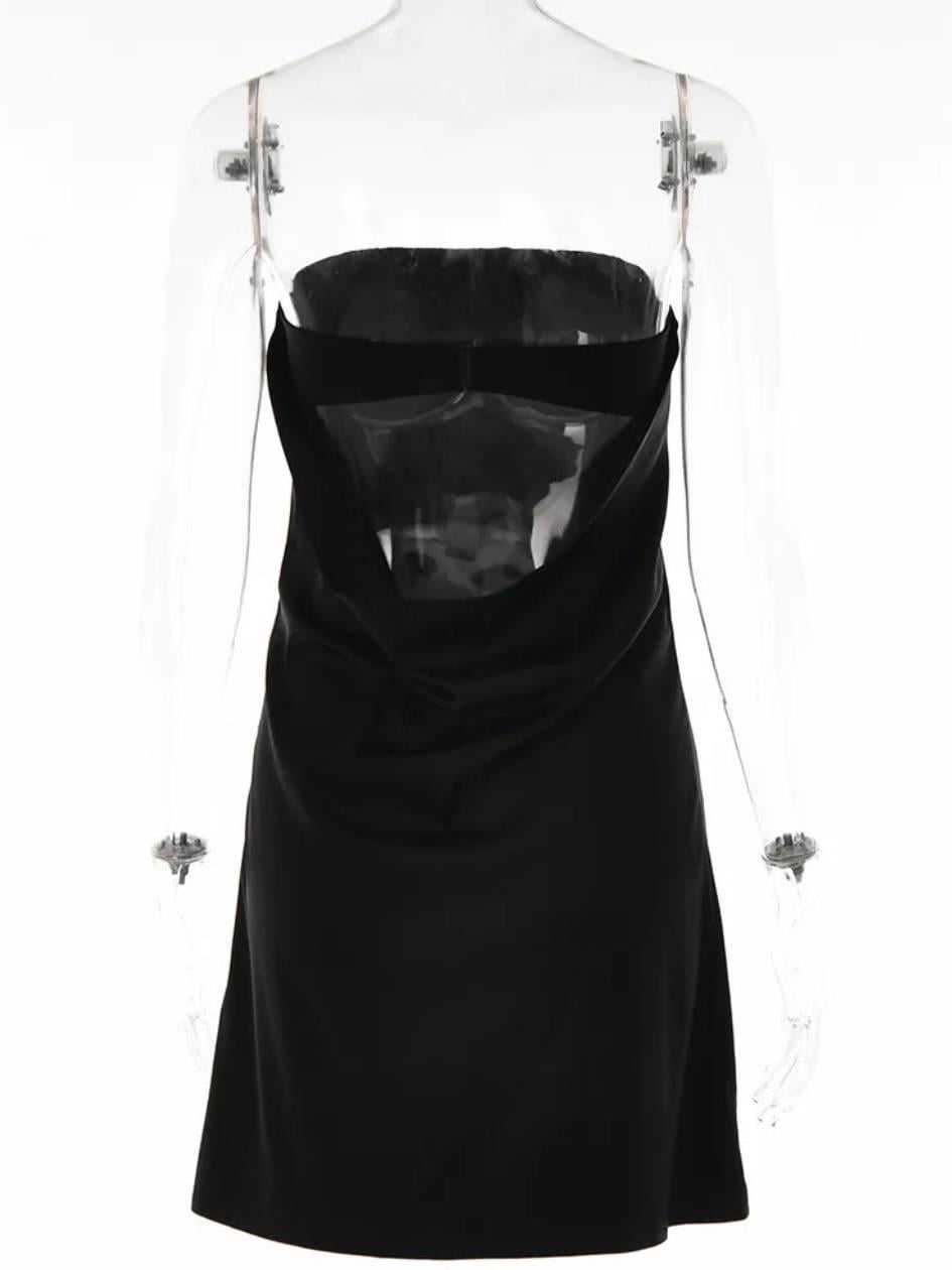 Hazel Sırt Dekolteli Mini Siyah Saten Elbise 