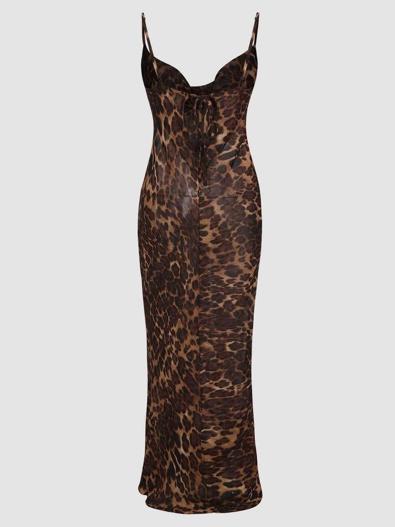 Javan - Leopar Desenli Askılı Uzun Tül Elbise