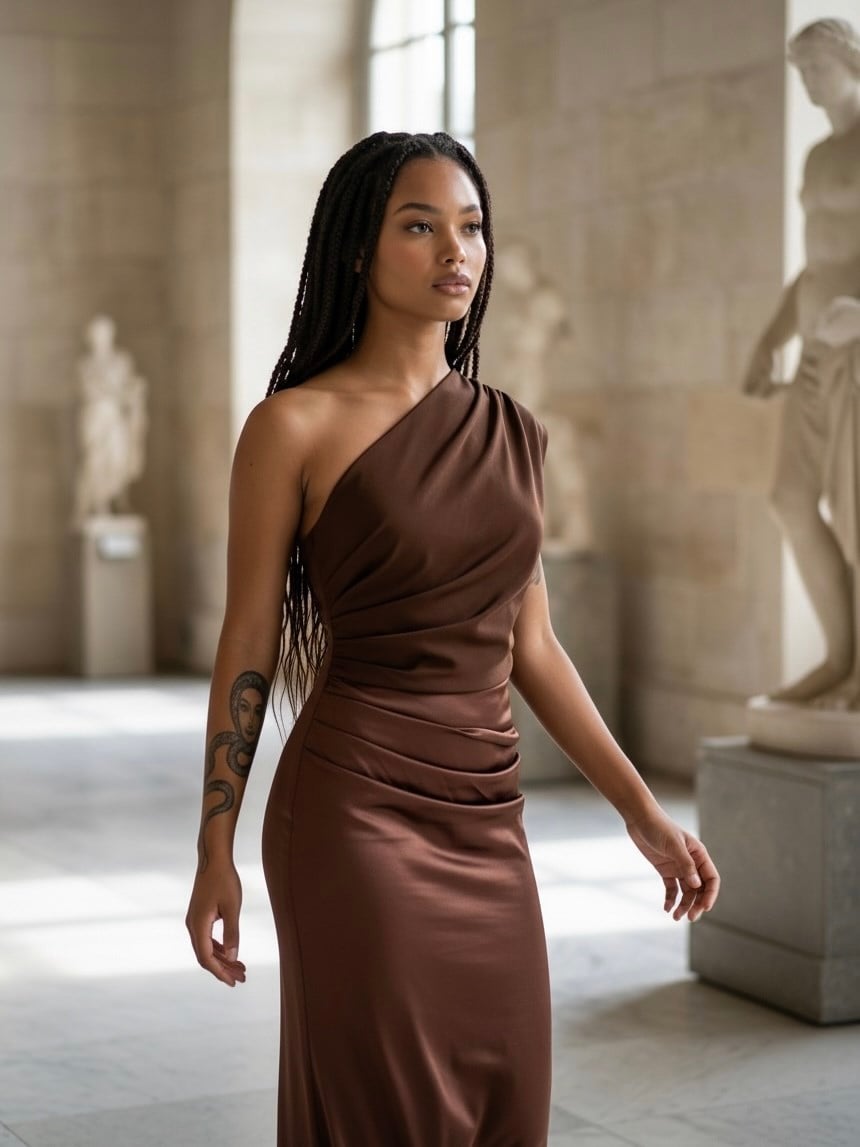 Kahverengi Asimetrik Drapeli Uzun Elbise