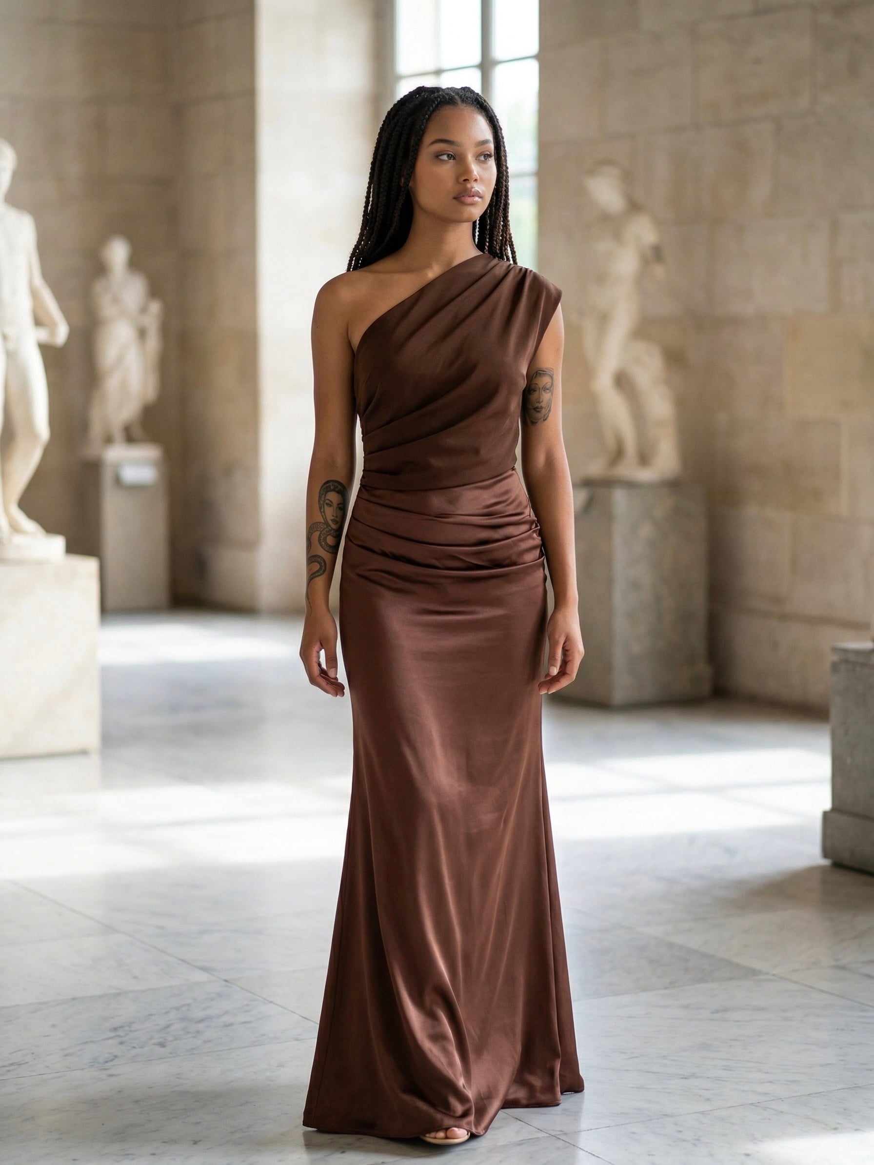 Kahverengi Asimetrik Drapeli Uzun Elbise