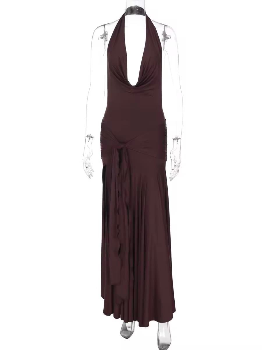 Kahverengi Drapeli Derin Yırtmaç Elbise