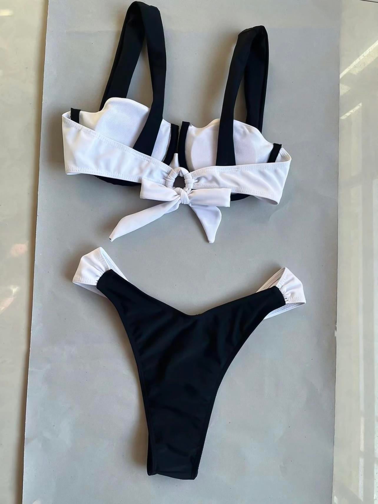 Kalın Askılı Beyaz Şeritli Bikini Takımı