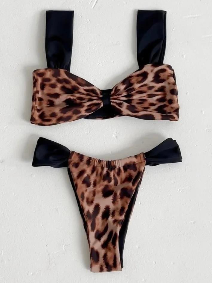 Kalın Askılı Leopar Desenli Bikini Takımı 