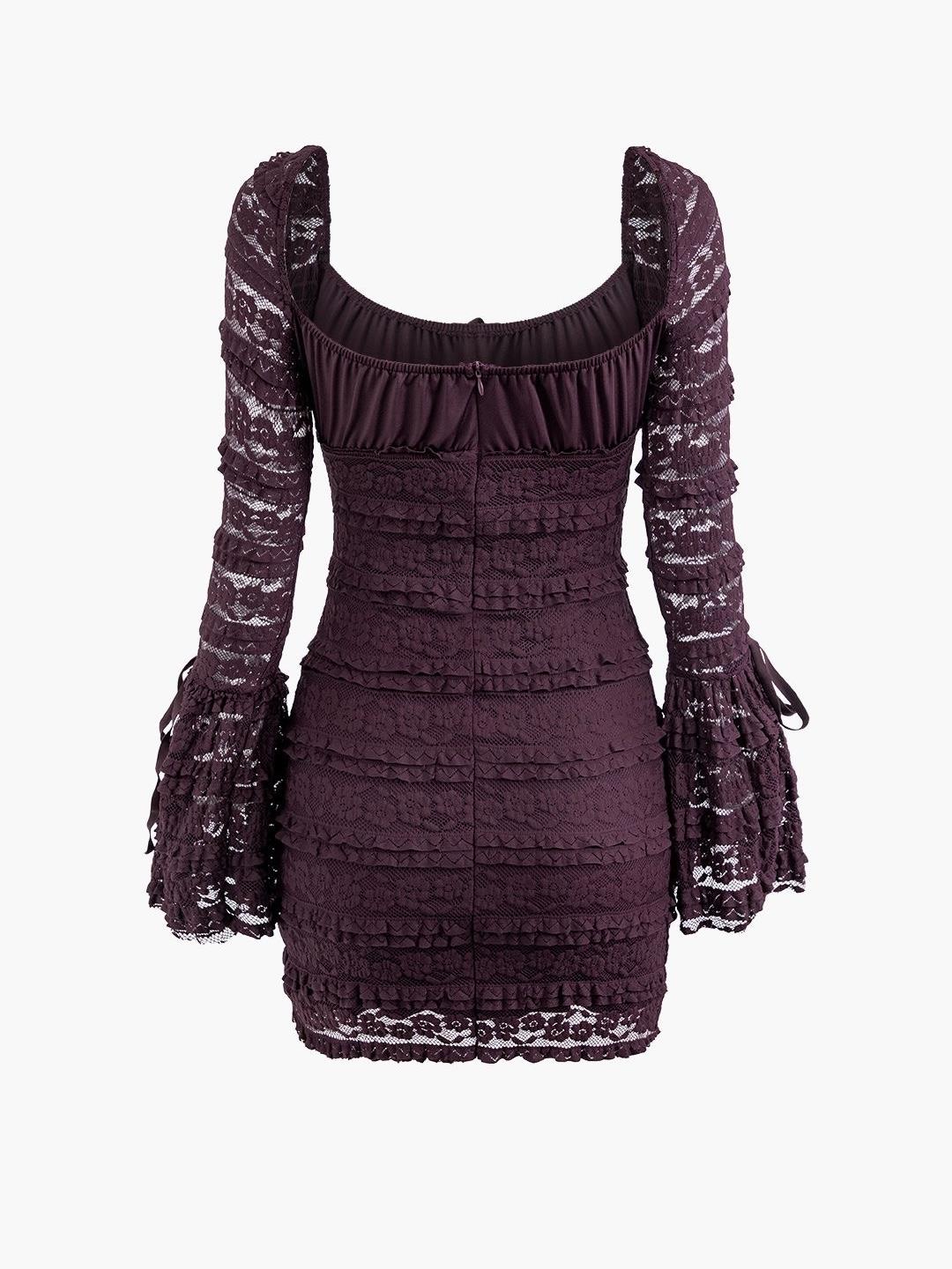 Kare Yaka Dantel Detaylı Mini Elbise