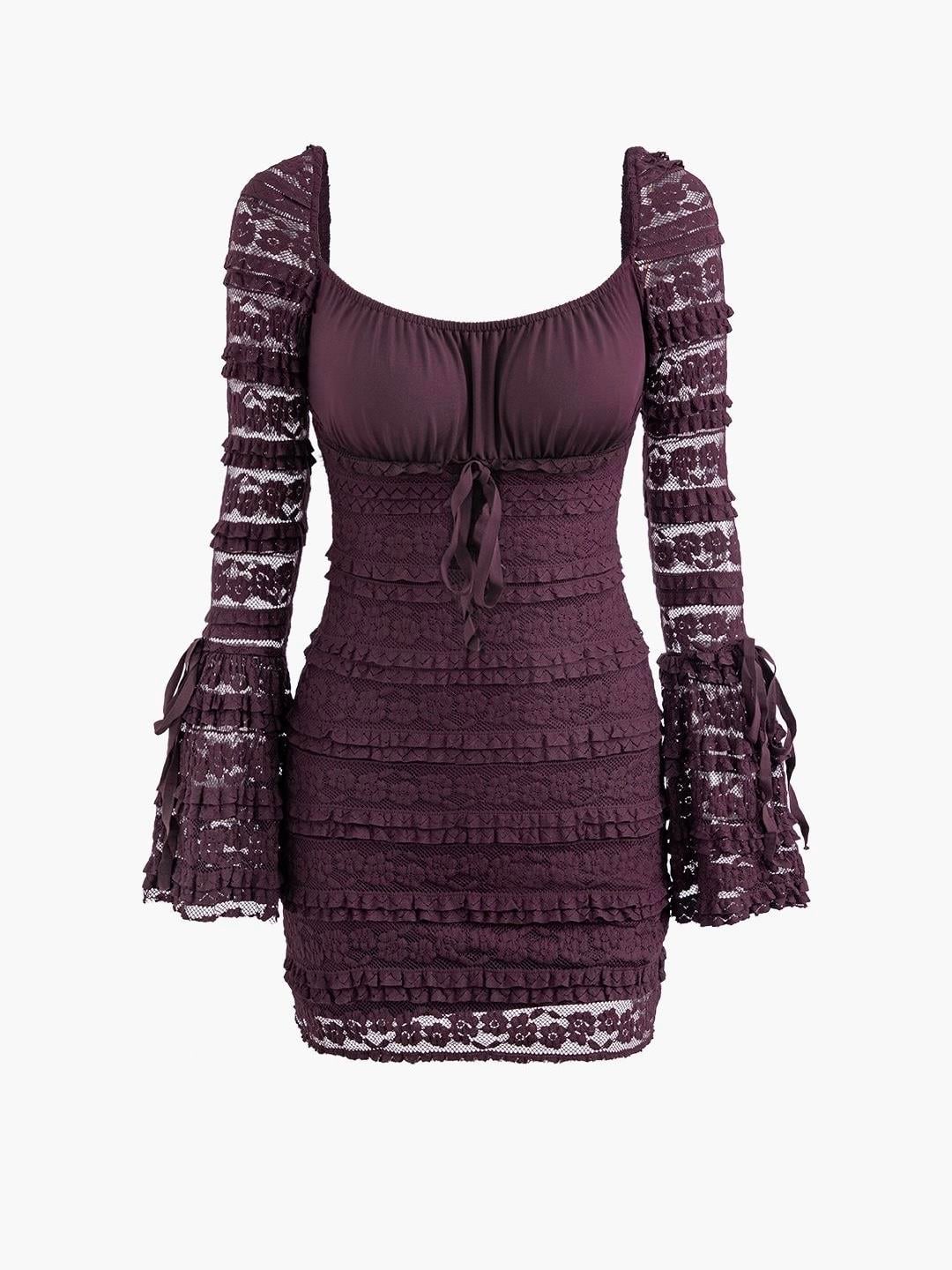 Kare Yaka Dantel Detaylı Mini Elbise