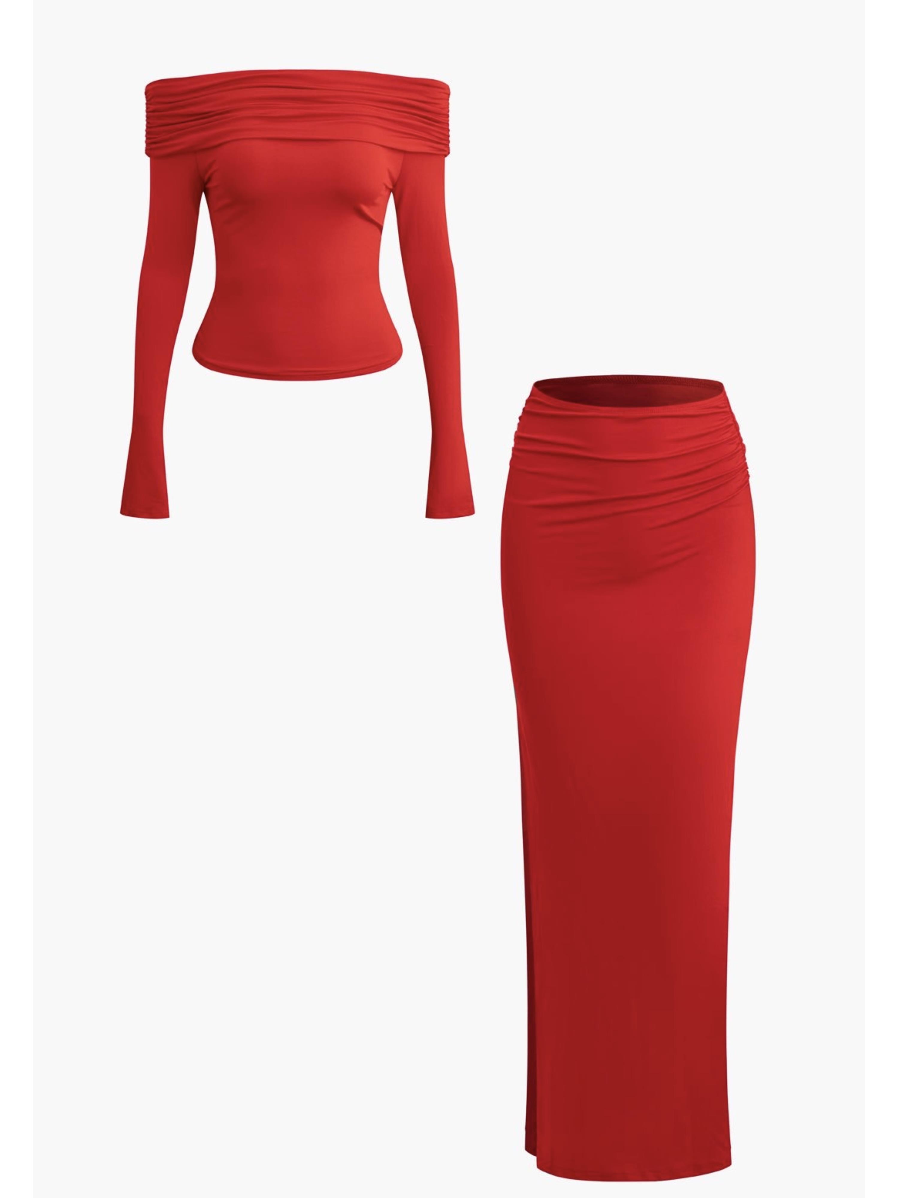 Kırmızı Omuz Detaylı İki Parçalı Elbise