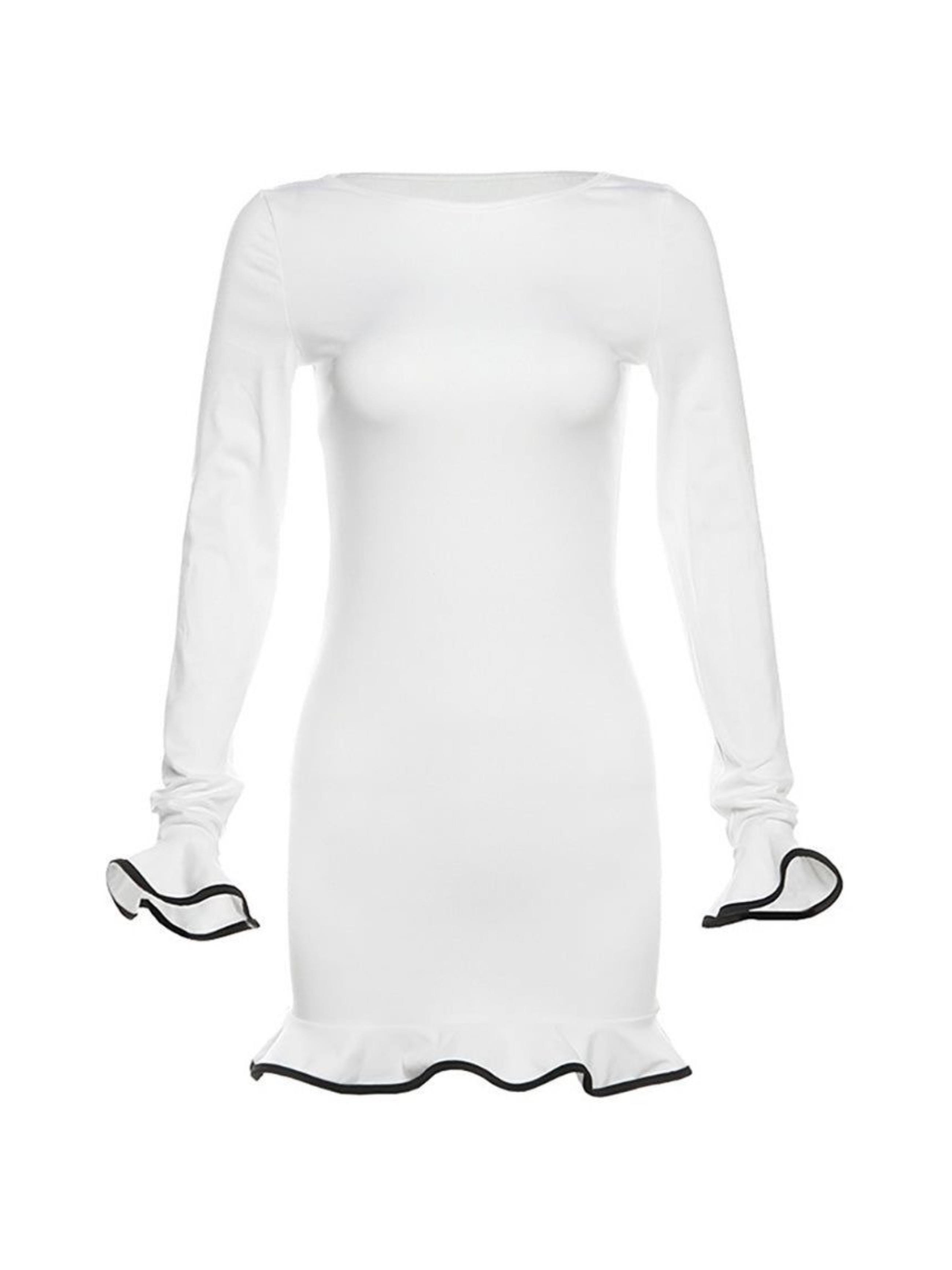 Kıvrımlı Kenar Detaylı Mini Beyaz Elbise