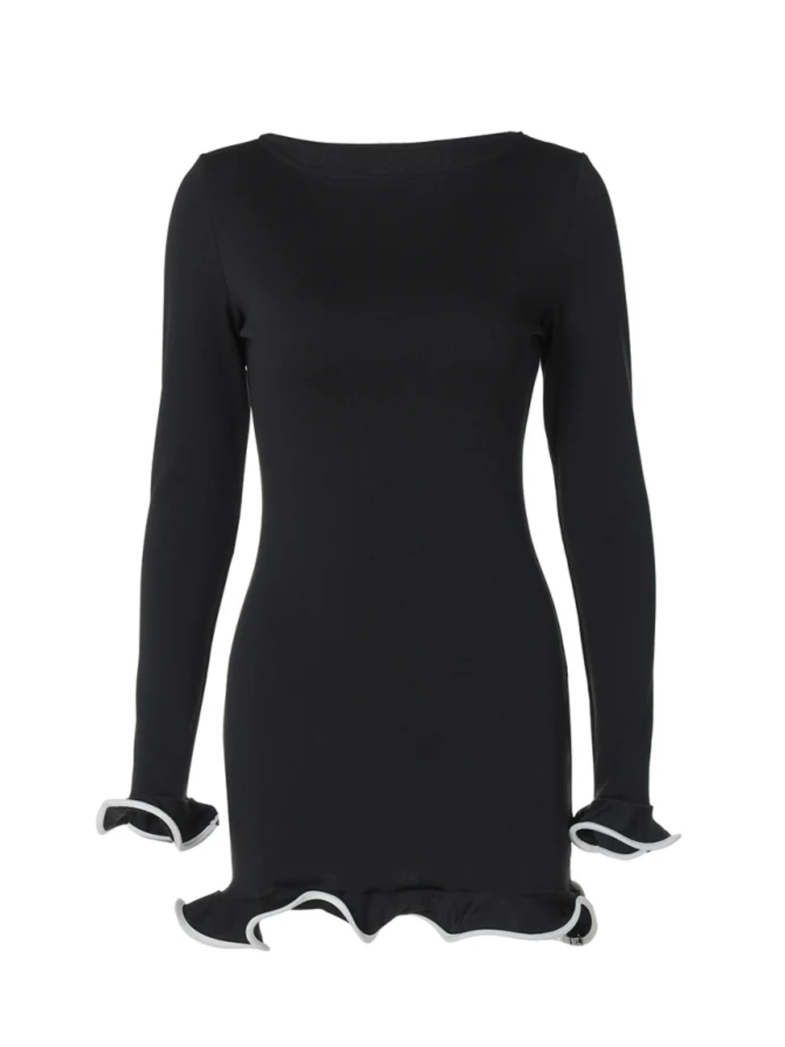 Kıvrımlı Kenar Detaylı Mini Siyah Elbise