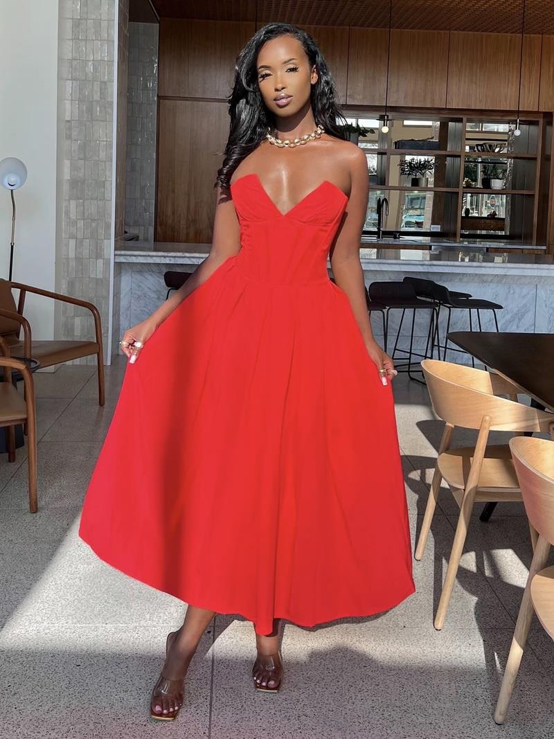 Korse Formlu Kalp Yaka Nar Çiçeği Midi Elbise