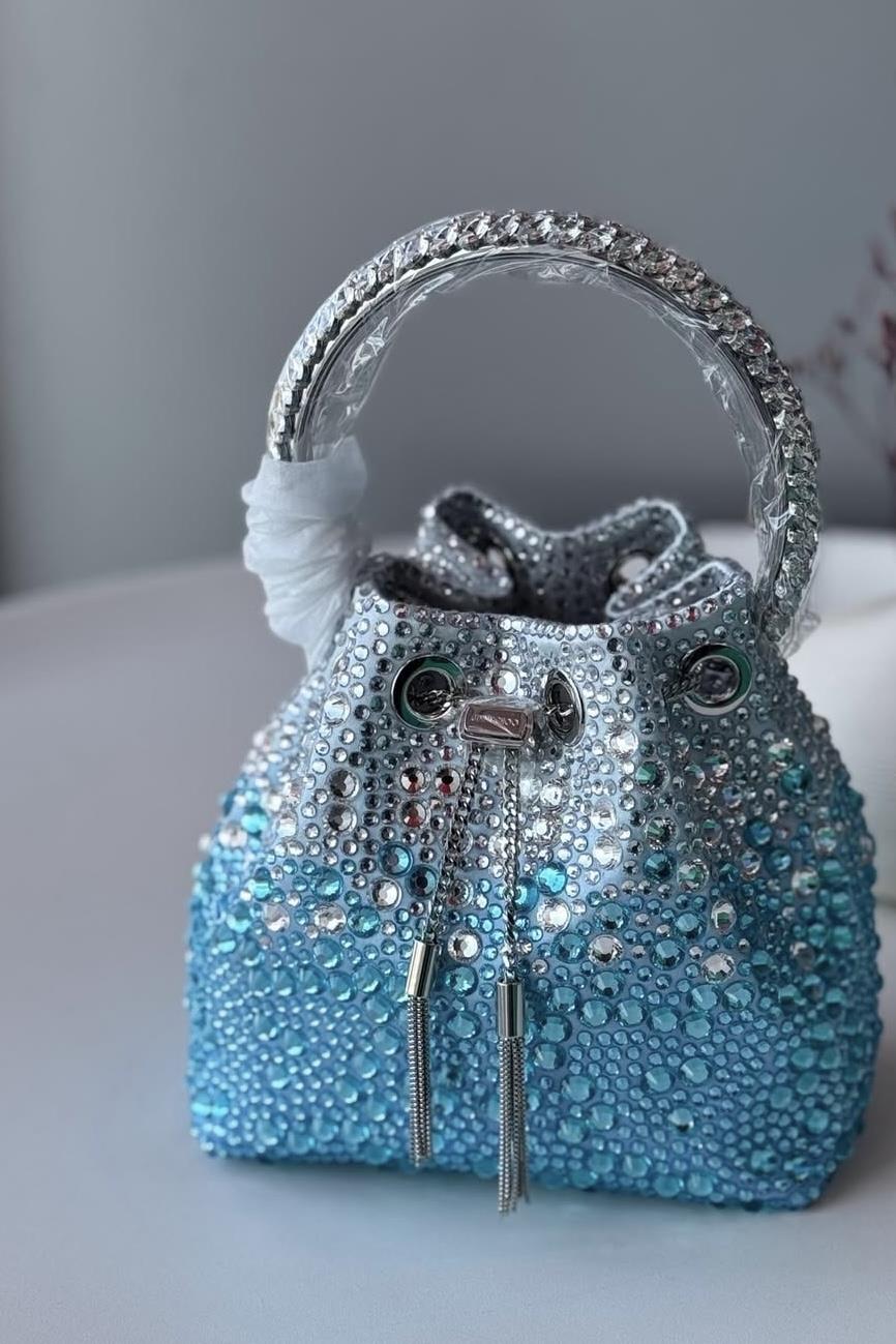 Kristal Taşlı Büzgülü Mini Gece Çantası - Mavi