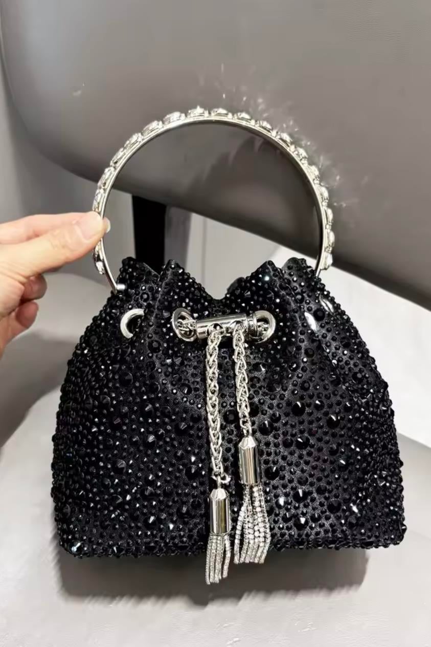 Kristal Taşlı Büzgülü Mini Gece Çantası - Siyah