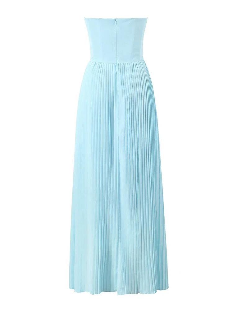 Mavi Büzgü Detaylı Straplez Pliseli Uzun Elbise
