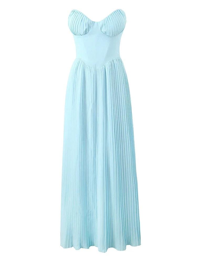 Mavi Büzgü Detaylı Straplez Pliseli Uzun Elbise