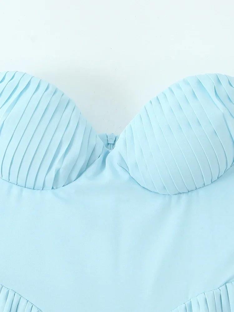 Mavi Büzgü Detaylı Straplez Pliseli Uzun Elbise