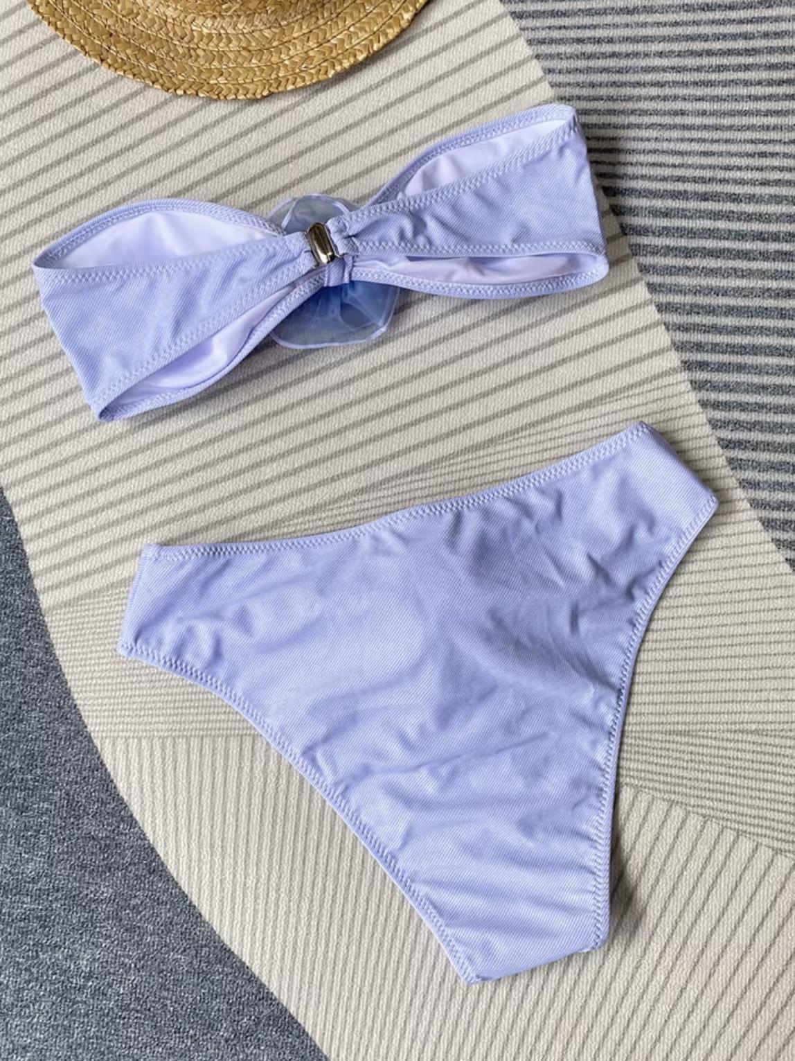 Mavi Yüksel Bel Gül Detaylı Bikini Takımı