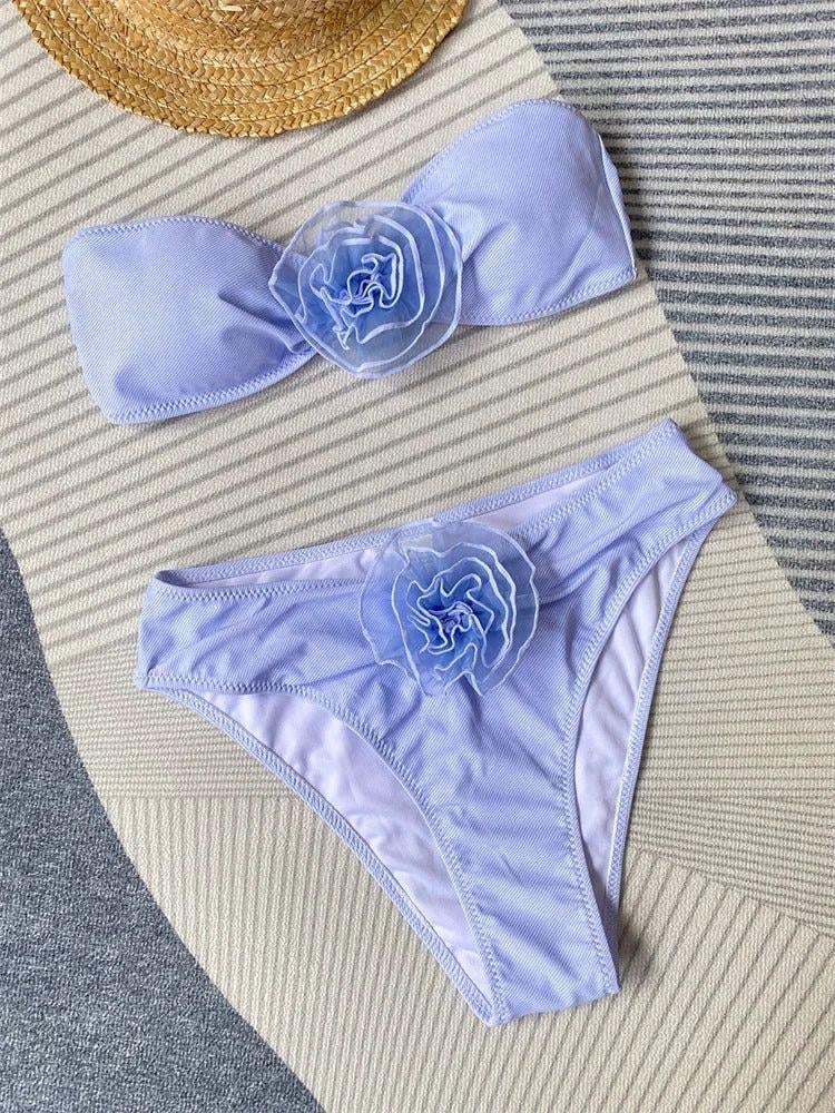 Mavi Yüksel Bel Gül Detaylı Bikini Takımı