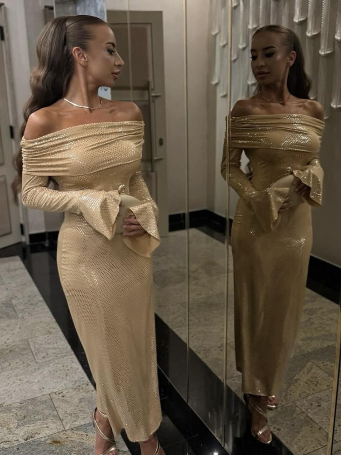 Parlak Omuz Dekolteli Elbise - Nude