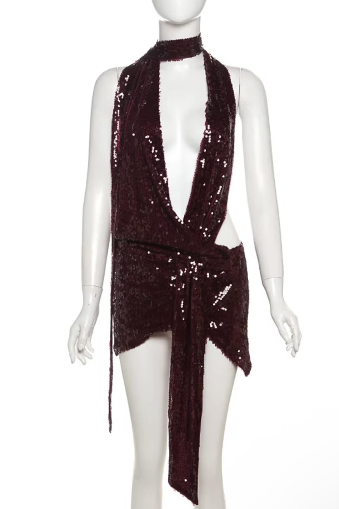 PAYETLİ HALTER ŞAL DETAYLI MİNİ ELBİSE - BORDO