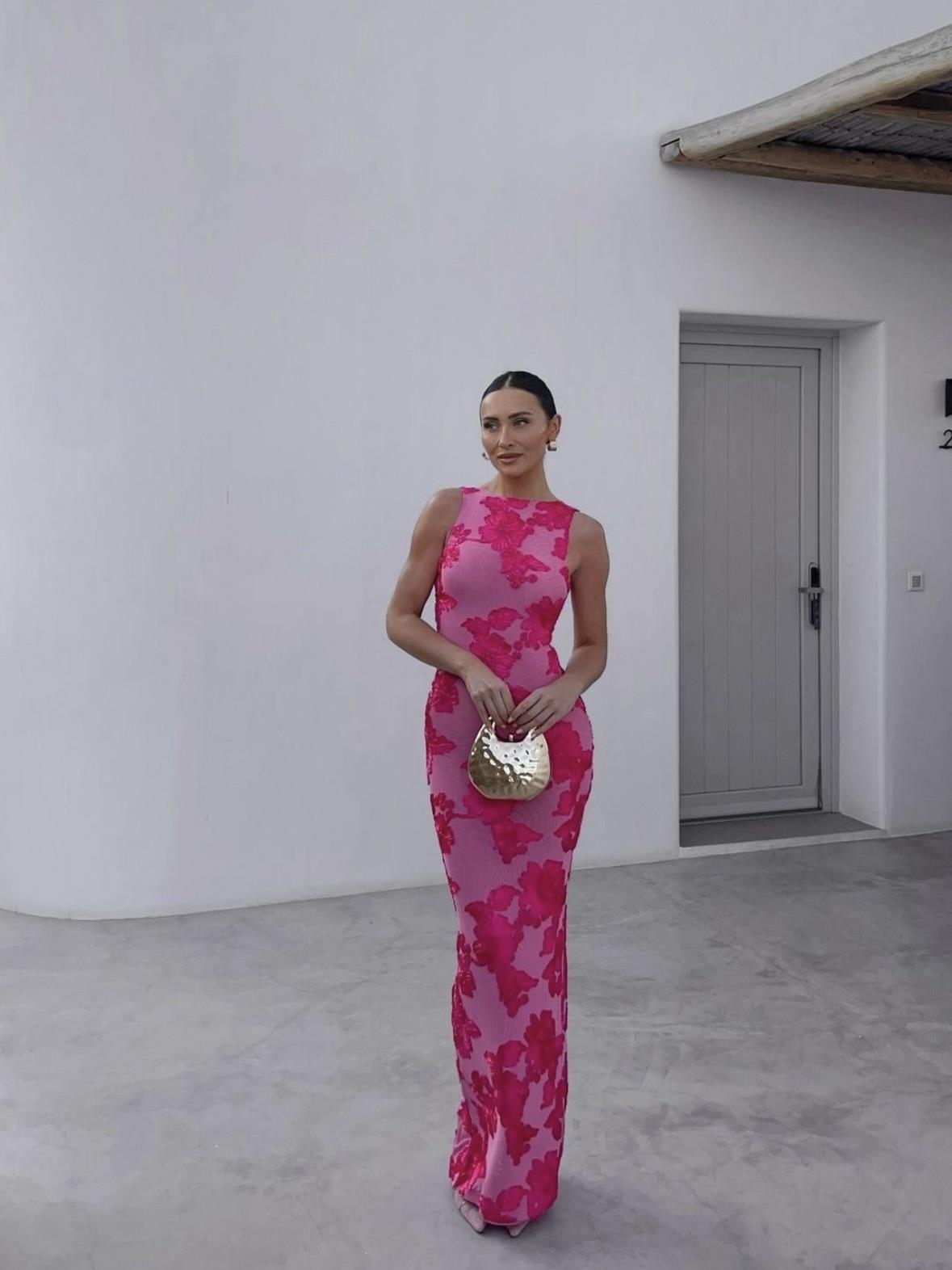 Pembe Bisiklet Yaka Çiçek Desenli Maxı Elbise