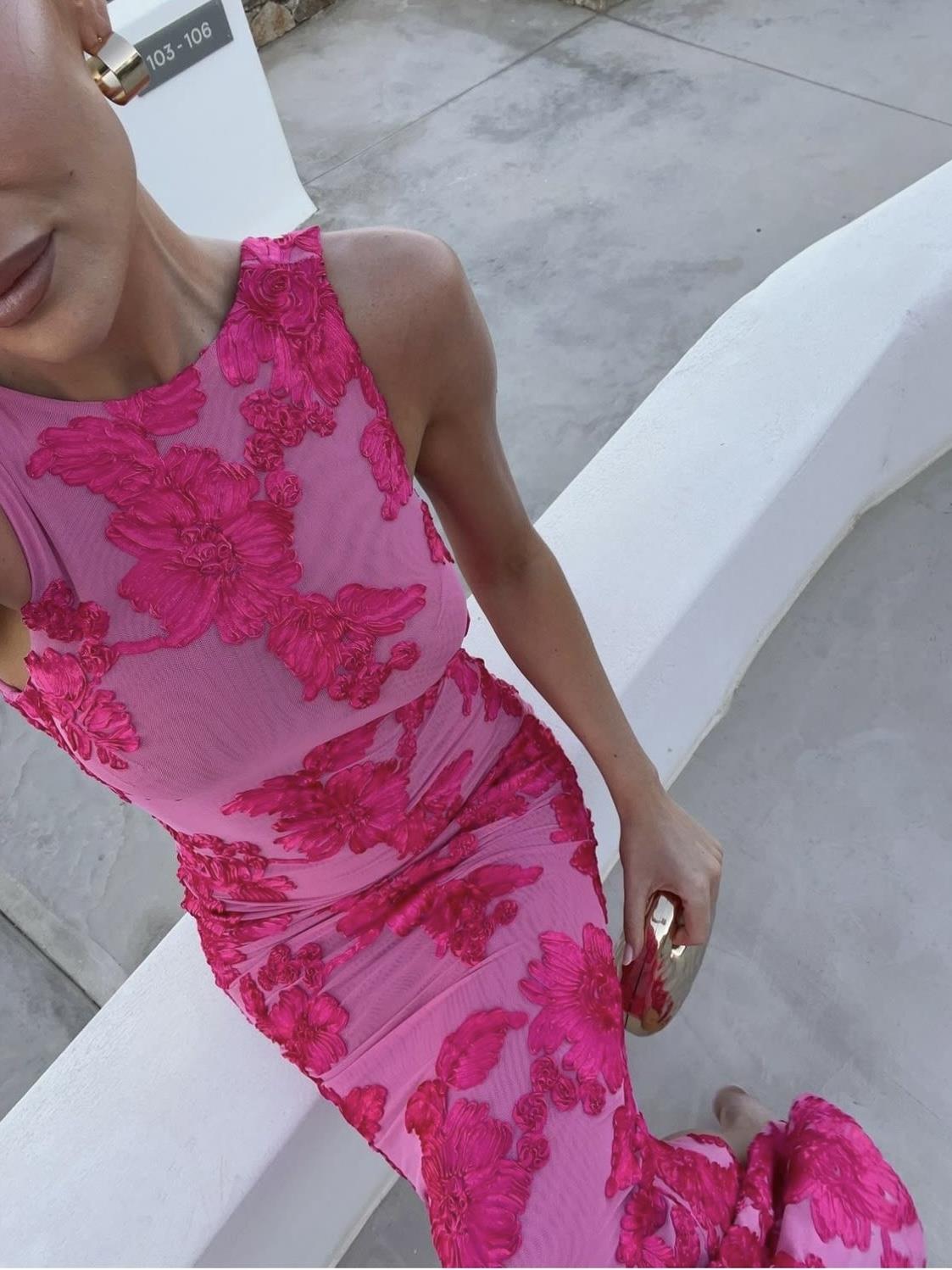 Pembe Bisiklet Yaka Çiçek Desenli Maxı Elbise