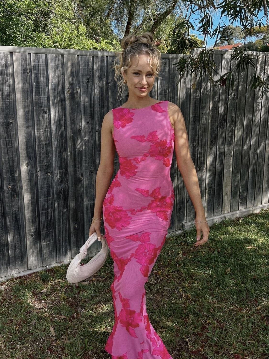 Pembe Bisiklet Yaka Çiçek Desenli Maxı Elbise