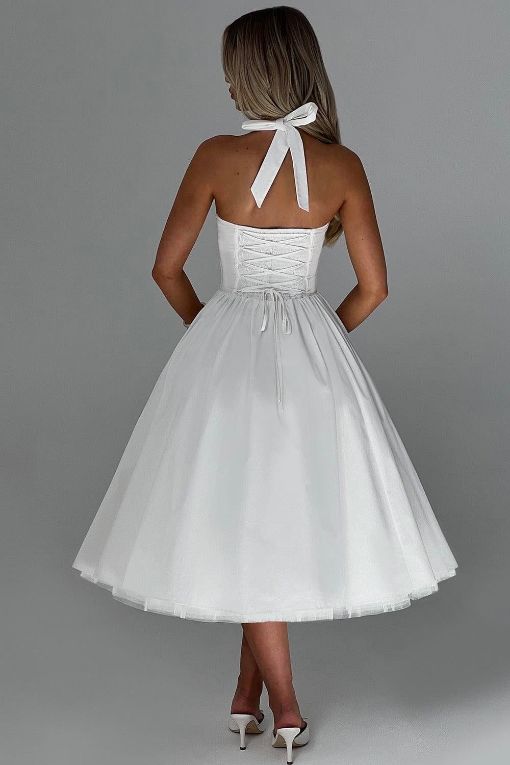 Pliseli Beyaz Midi Elbise