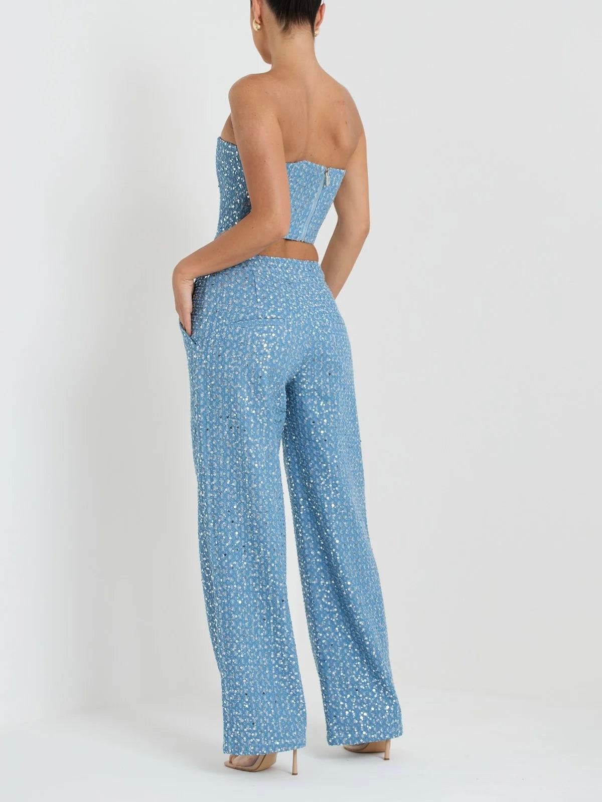 Pul Detaylı Straplez Jean Takım