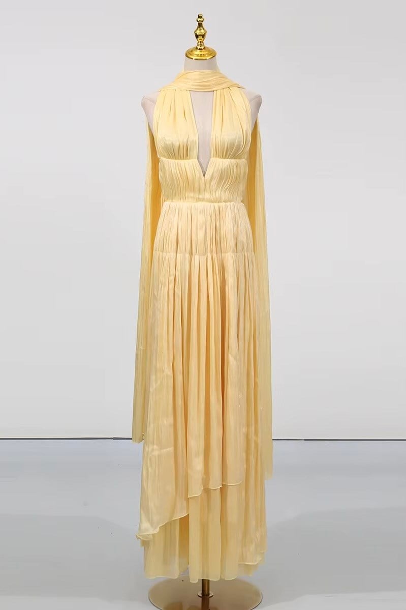 Şal Detaylı Derin Dekolteli Asimetrik Kesim Elbise - Sarı