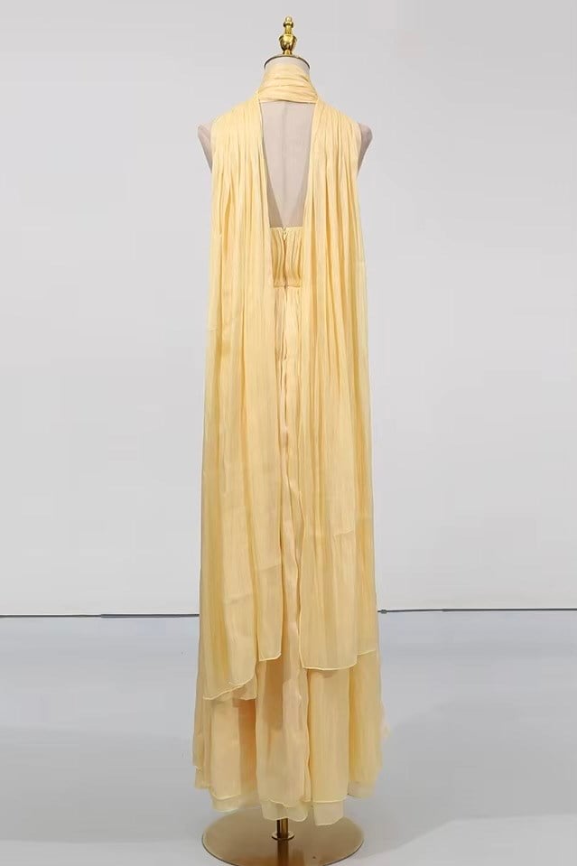 Şal Detaylı Derin Dekolteli Asimetrik Kesim Elbise - Sarı